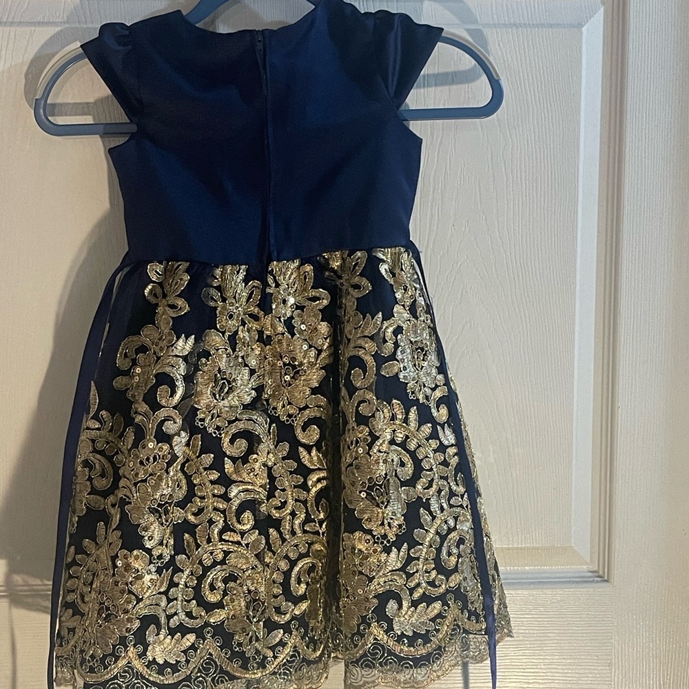 Rare Editions Navy Dress with Gold Lace Overlay - Picture 3 of 7